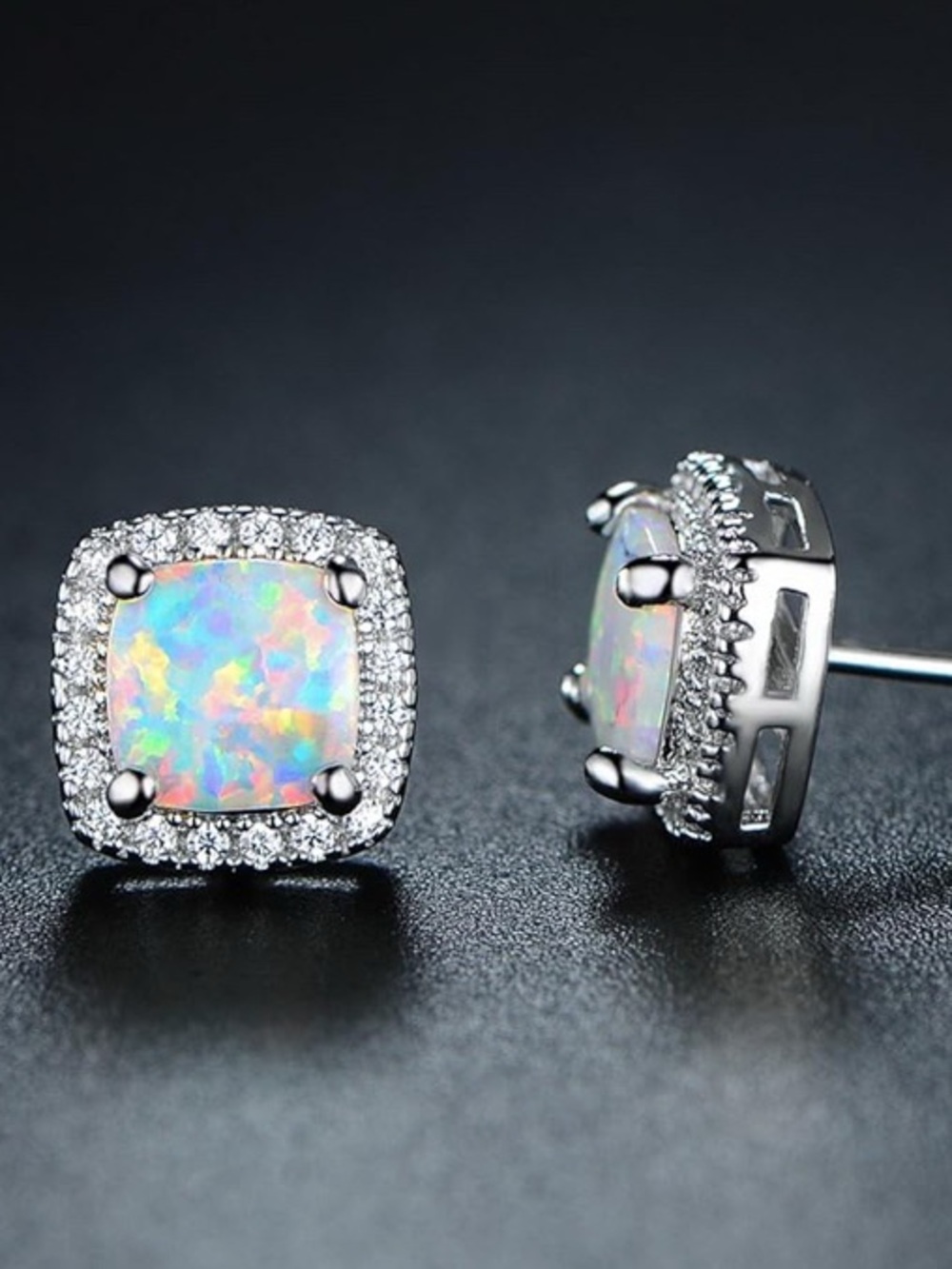 Elegant White Gold Plated White Created Opal Stud Earrings NEW